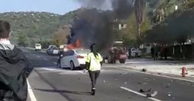 Muğla Bodrum Milas yolunda trafik kazası: Otomobil alev aldı